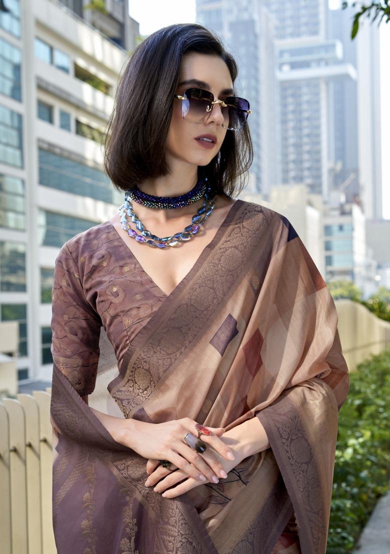 Brown Floral Print Silk Blend Saree Set - Indya