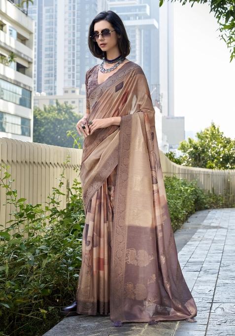 Brown Floral Print Silk Saree Set