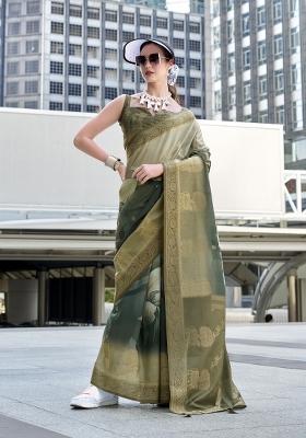 Sea Green Floral Print Silk Blend Saree Set