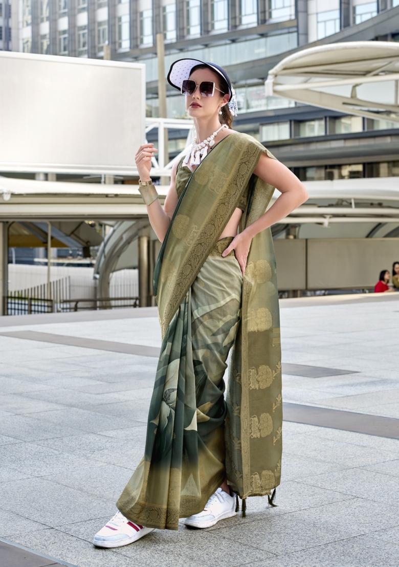 Sea Green Floral Print Silk Blend Saree Set - Indya