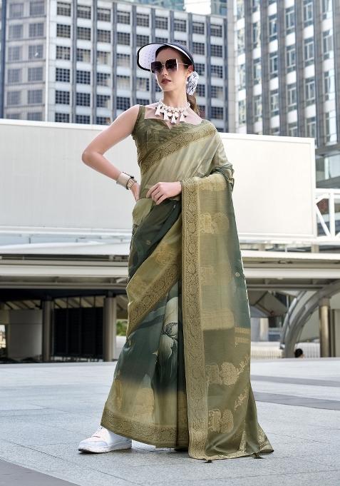 Sea Green Floral Print Silk Blend Saree Set