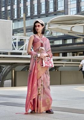 Peach Floral Print Silk Blend Saree Set