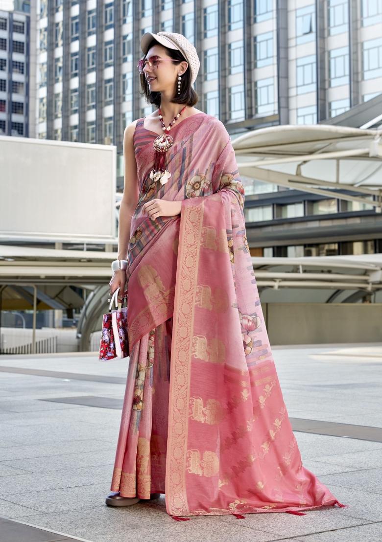 Peach Floral Print Silk Blend Saree Set - Indya