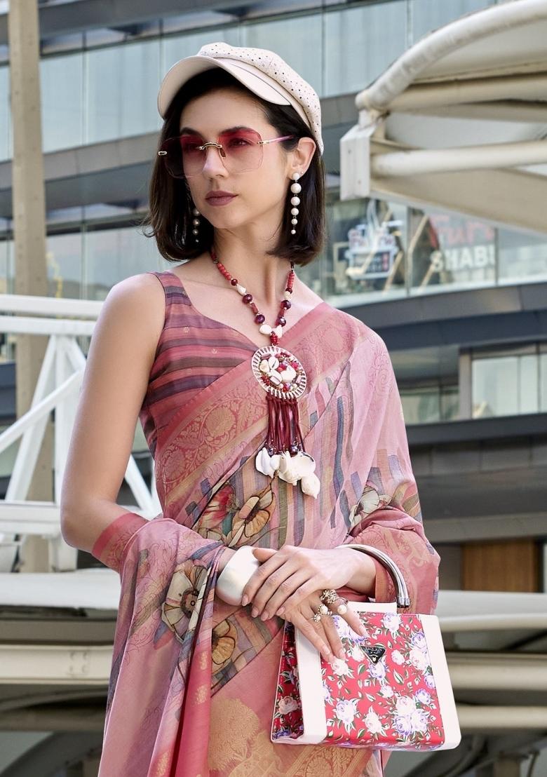 Peach Floral Print Silk Blend Saree Set - Indya