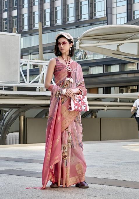 Peach Floral Print Silk Saree Set