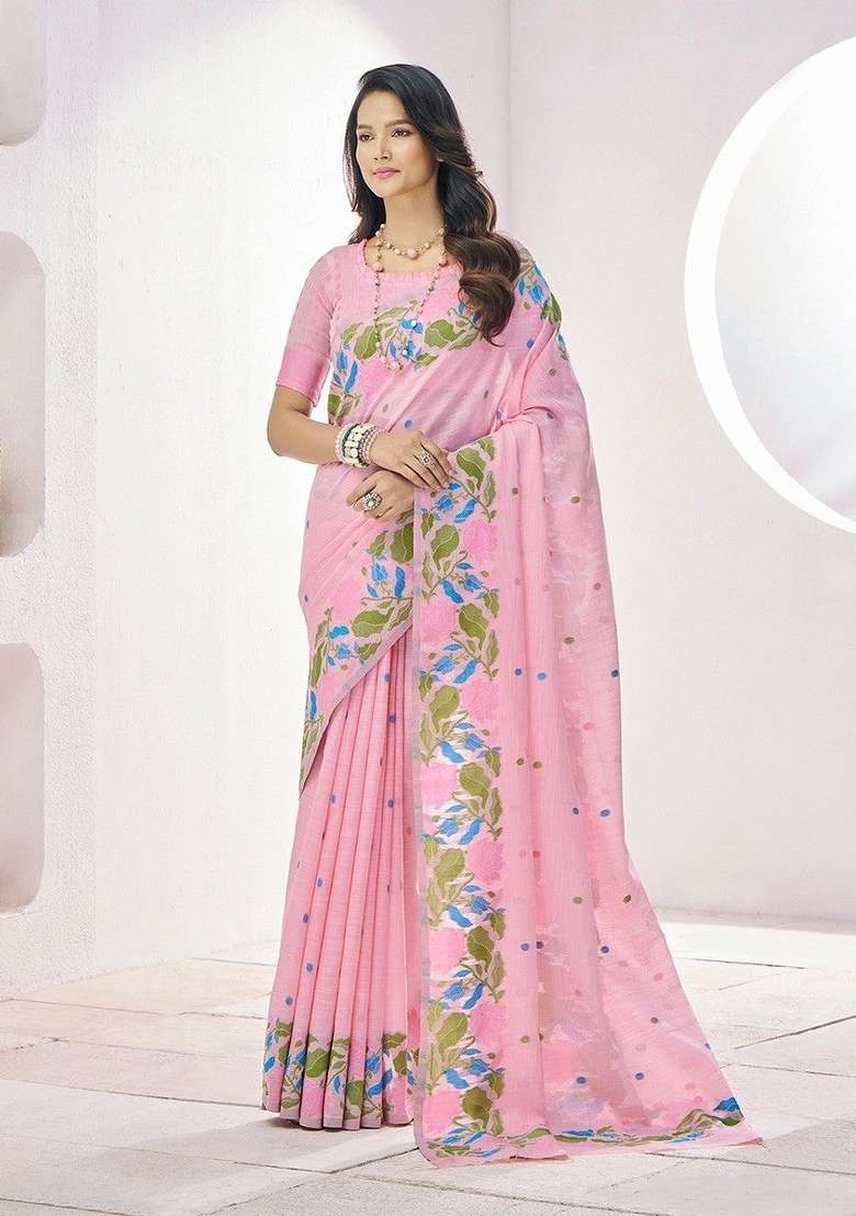 Pink Linen Saree Set with Floral Print for Diwali | Wedding & Festive Wear - Indya