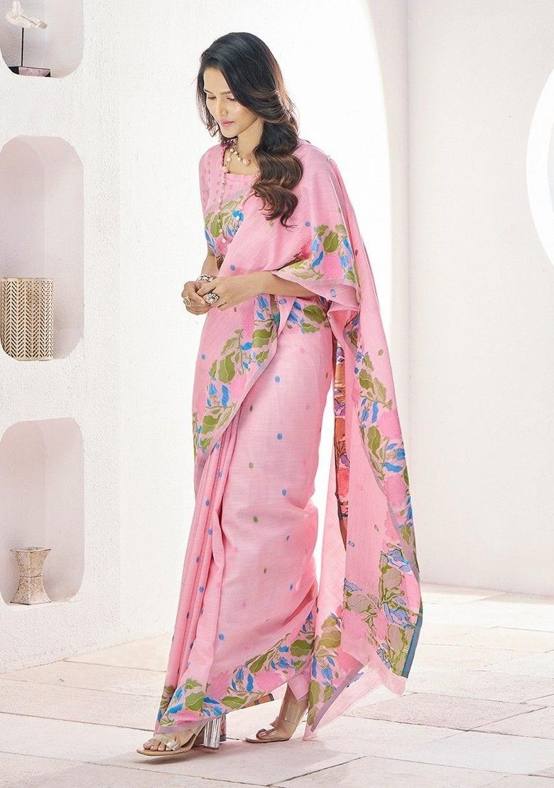 Pink Floral Print Linen Saree Set - Indya