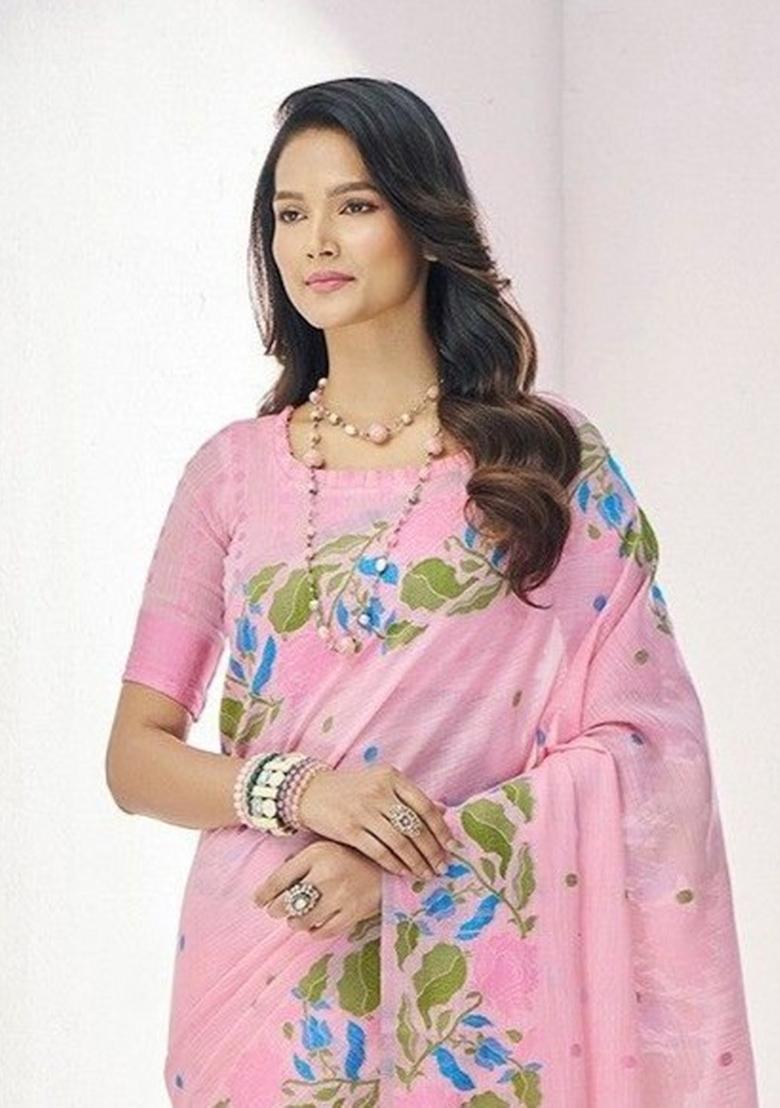 Pink Floral Print Linen Saree Set - Indya
