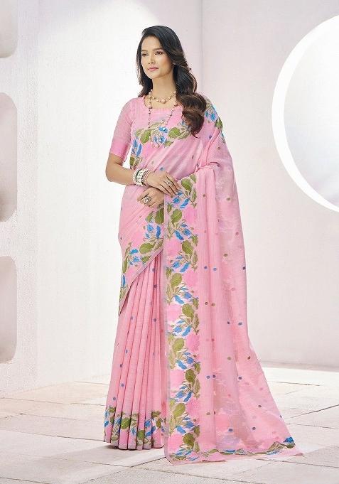 Pink Floral Print Linen Saree Set