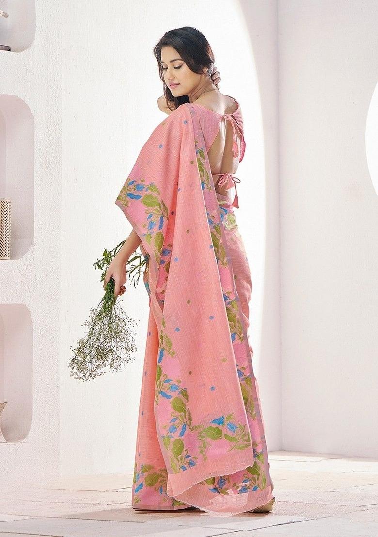 Peach Floral Print Linen Saree Set - Indya