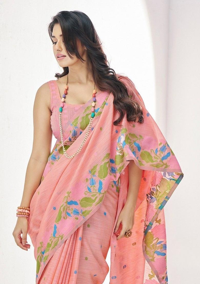 Peach Floral Print Linen Saree Set - Indya