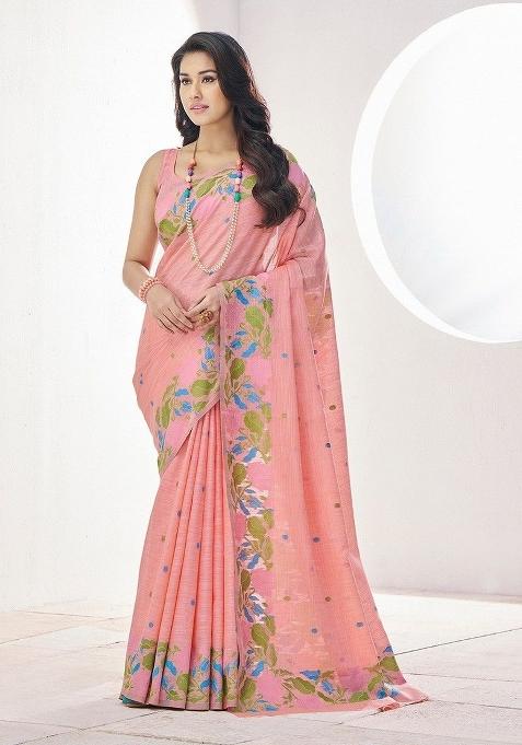 Peach Floral Print Linen Saree Set