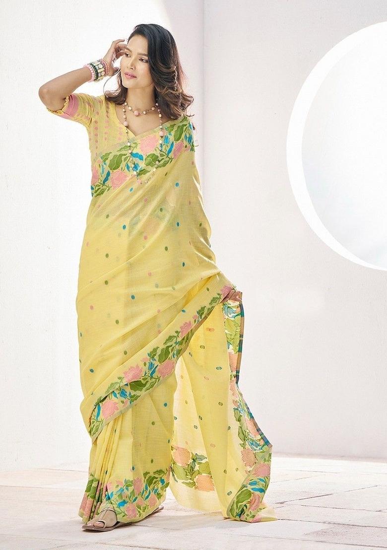 Yellow Floral Print Linen Saree Set - Indya