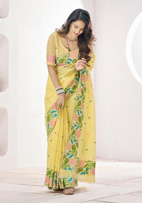 Yellow Floral Print Linen Saree Set