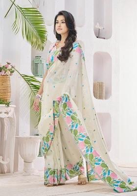 Off White Floral Print Linen Saree Set