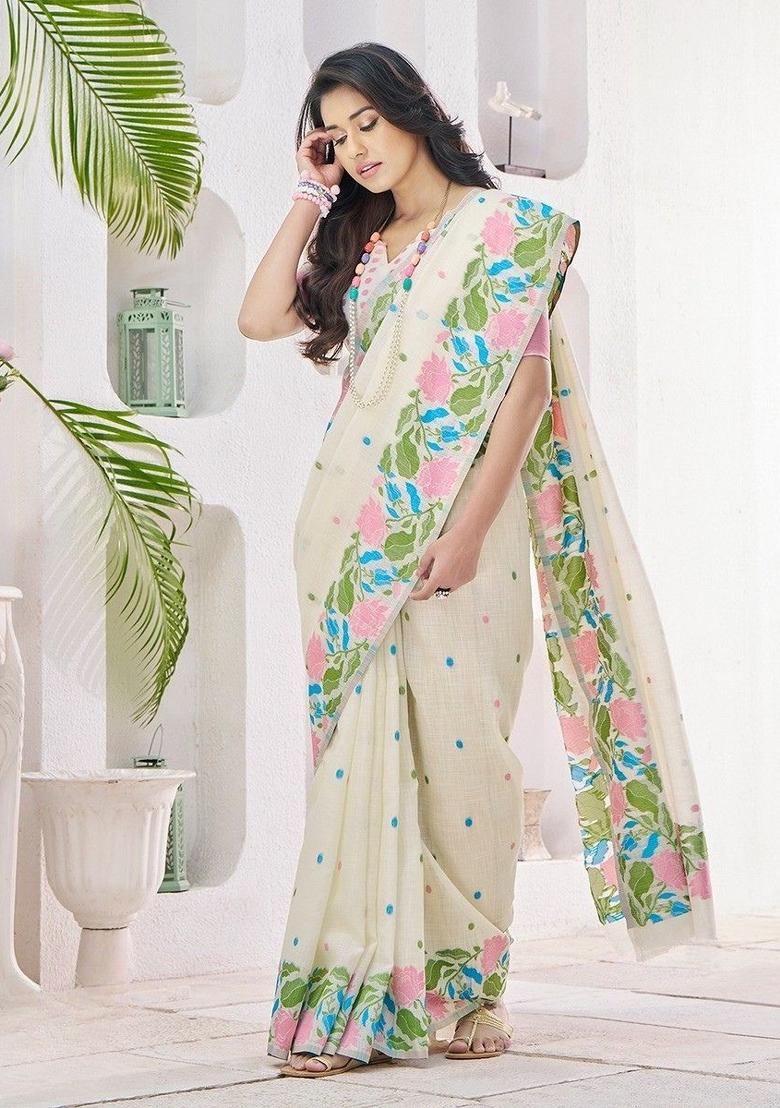 Off White Floral Print Linen Saree Set - Indya