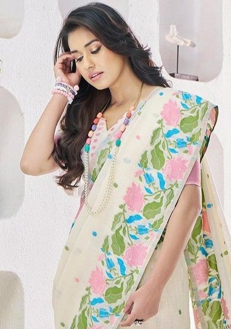 Off White Floral Print Linen Saree Set - Indya