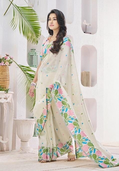 Off White Floral Print Linen Saree Set