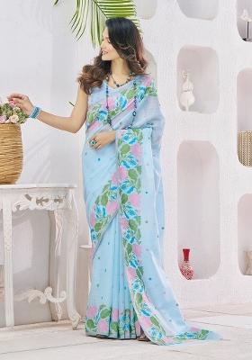 Blue Floral Print Linen Saree Set