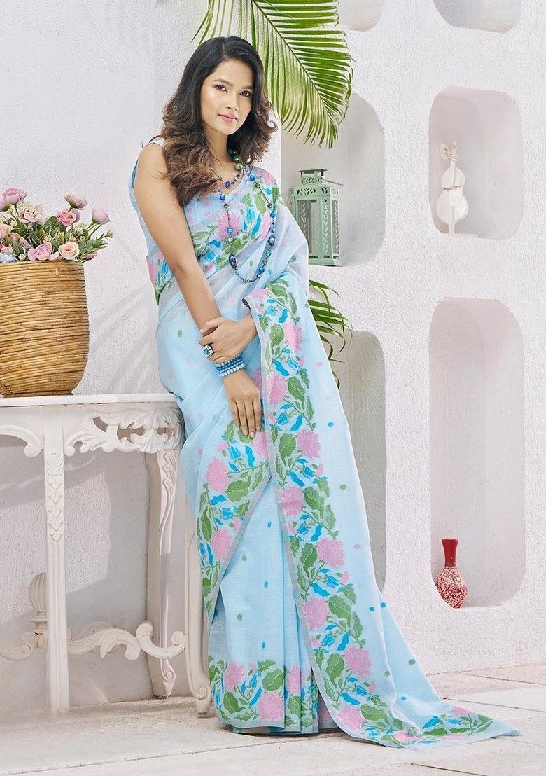 Blue Floral Print Linen Saree Set - Indya