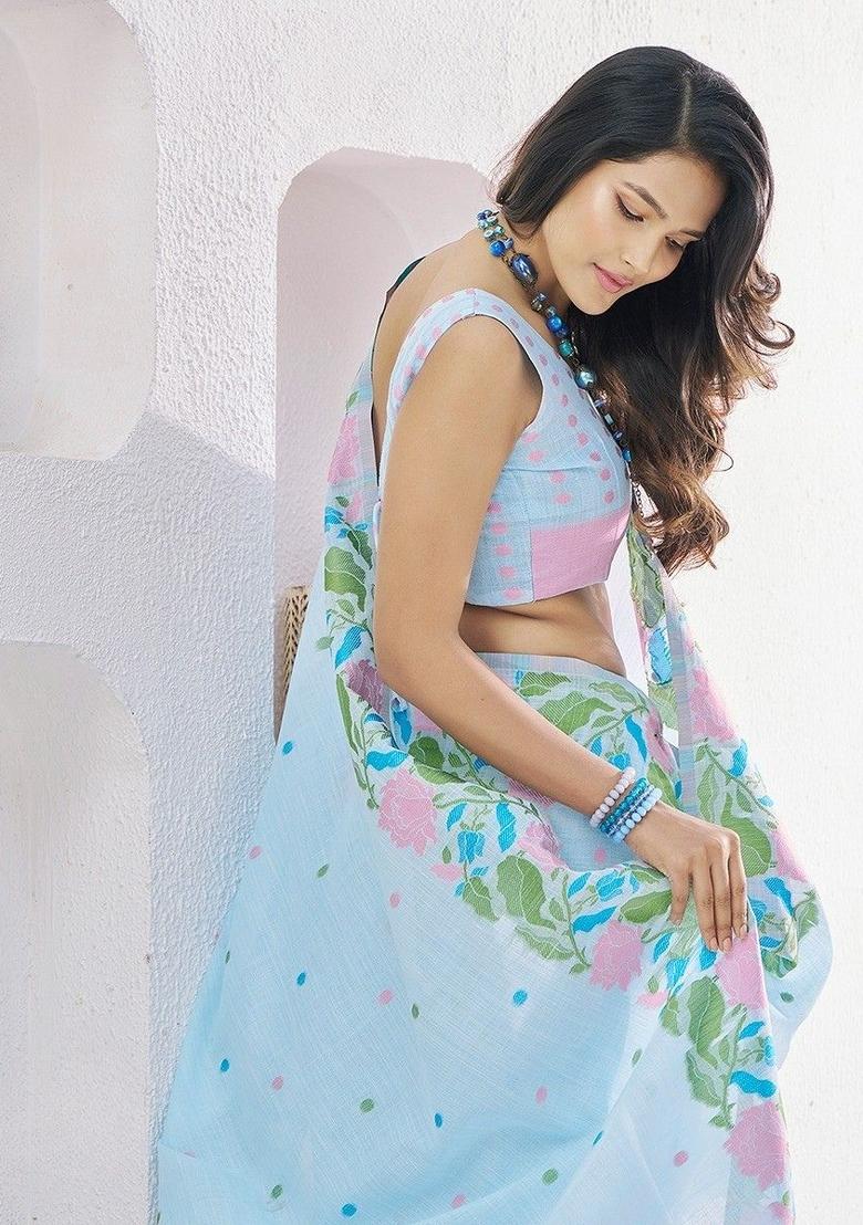 Blue Floral Print Linen Saree Set - Indya