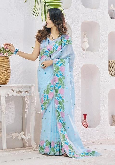 Blue Floral Print Linen Saree Set