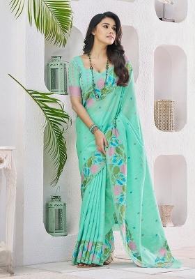 Green Floral Print Linen Saree Set
