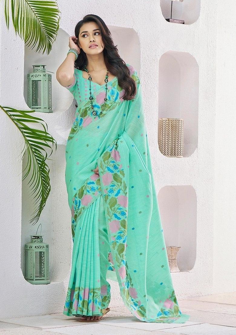 Green Floral Print Linen Saree Set - Indya