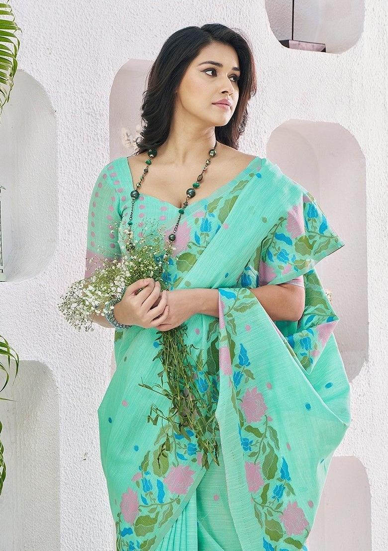 Green Floral Print Linen Saree Set - Indya