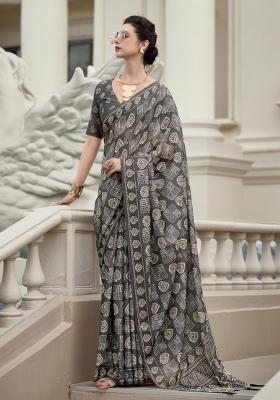 Grey Printed Linen Saree Set