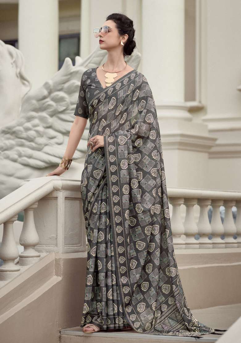 Grey Printed Linen Saree Set for Diwali and Festive Wear - Indya