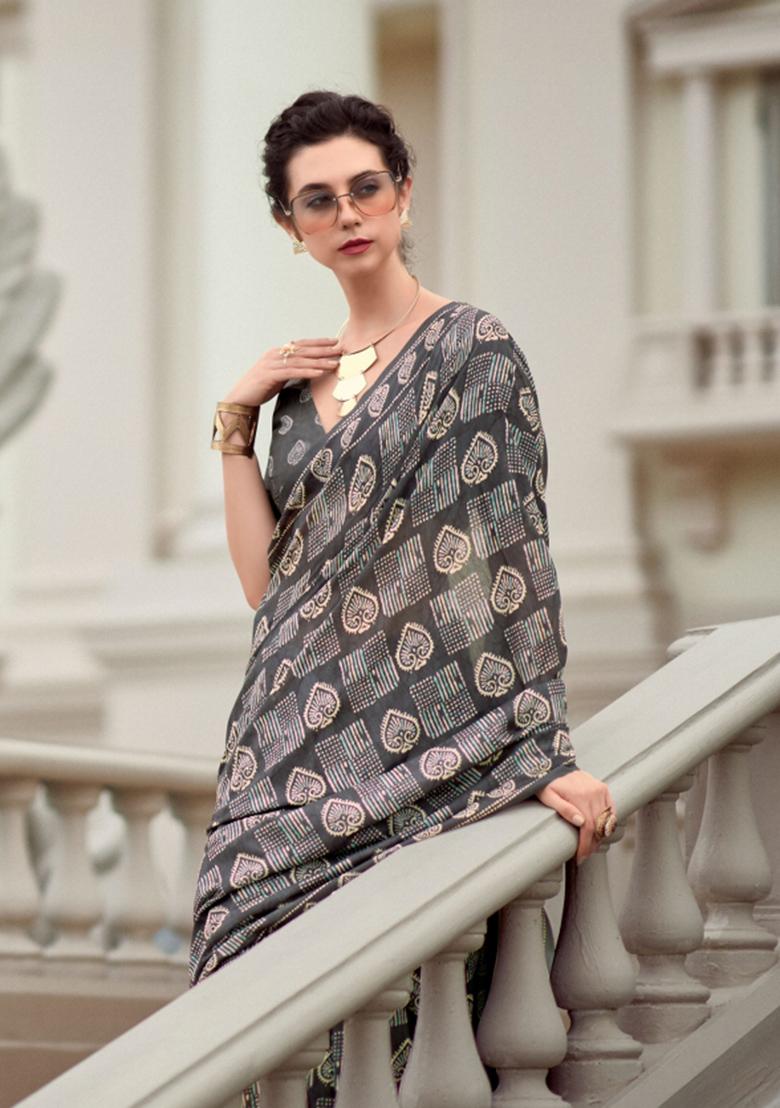Grey Printed Linen Saree Set - Indya