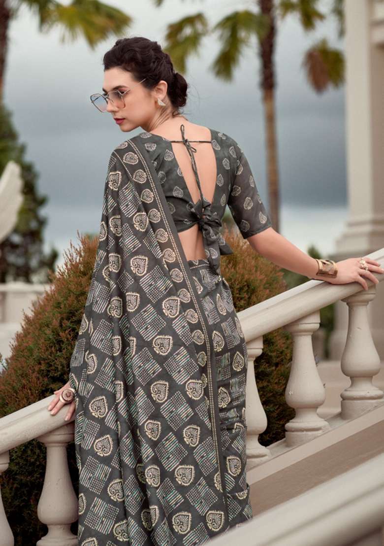 Grey Printed Linen Saree Set for Diwali and Festive Wear - Indya