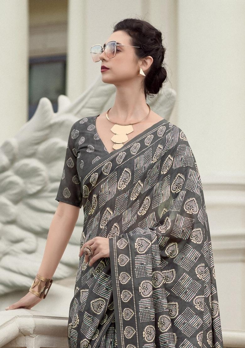 Grey Printed Linen Saree Set - Indya