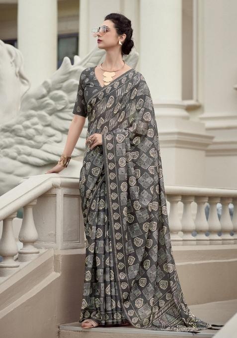 Grey Printed Linen Saree Set