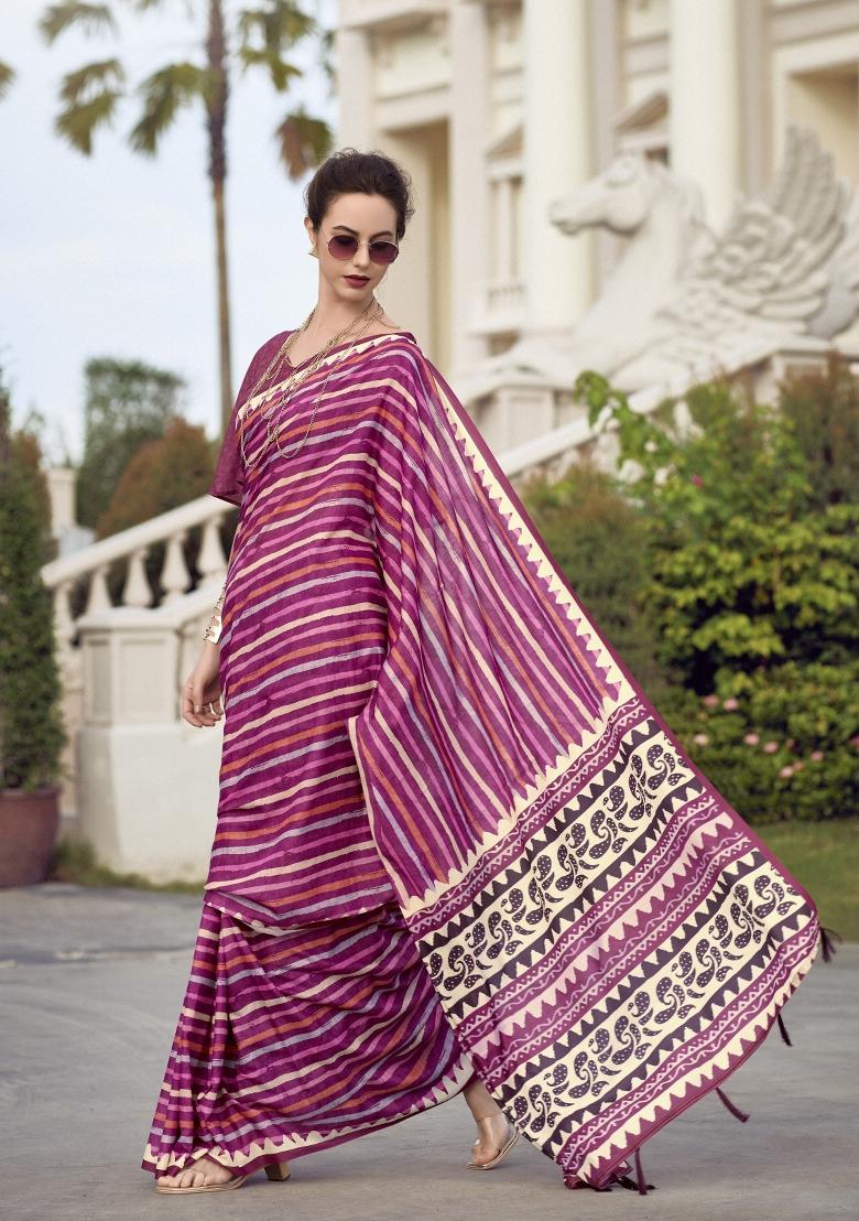Pink Printed Linen Saree Set - Indya