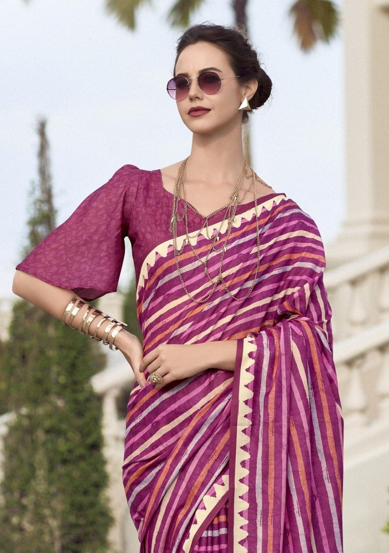 Pink Printed Linen Saree Set - Indya