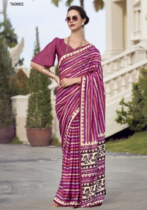 Pink Printed Linen Saree Set