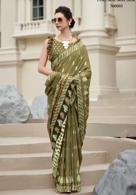 Green Printed Linen Saree Set