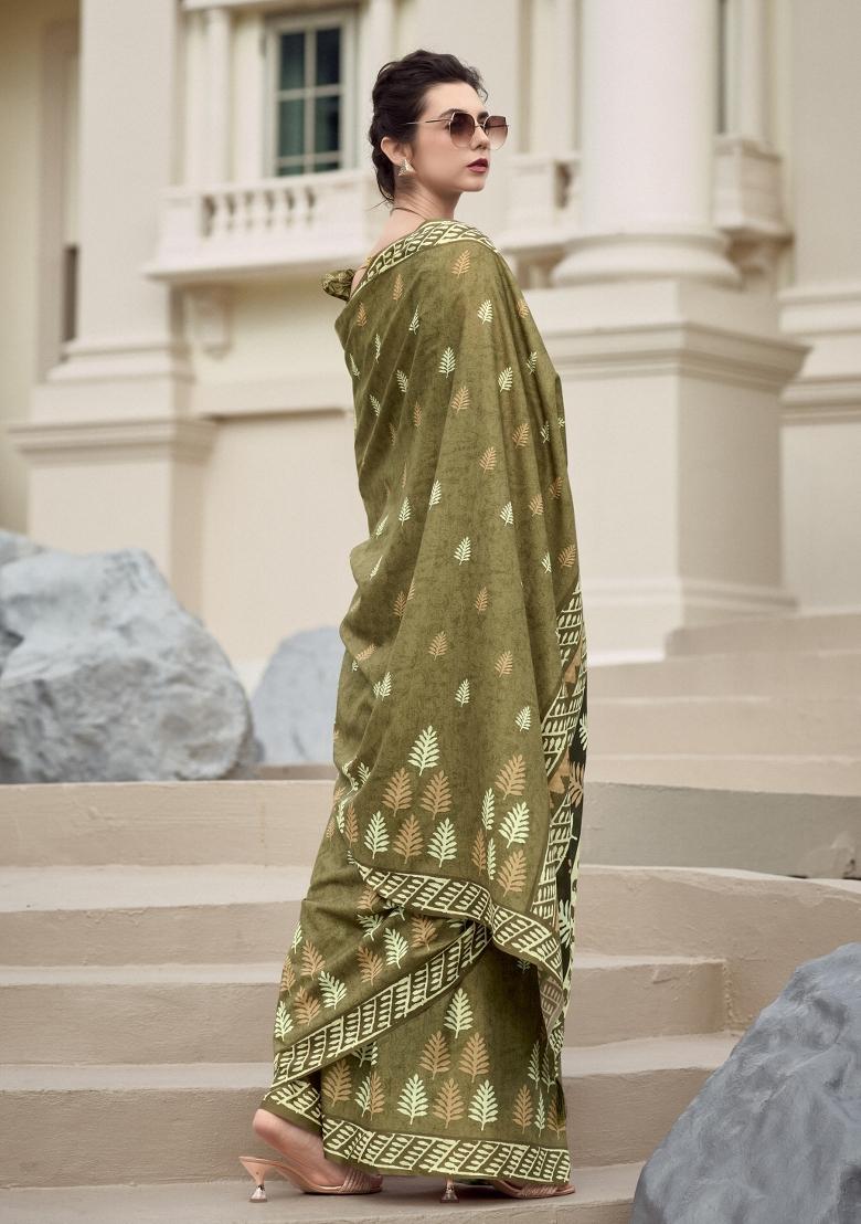 Green Printed Linen Saree Set - Indya