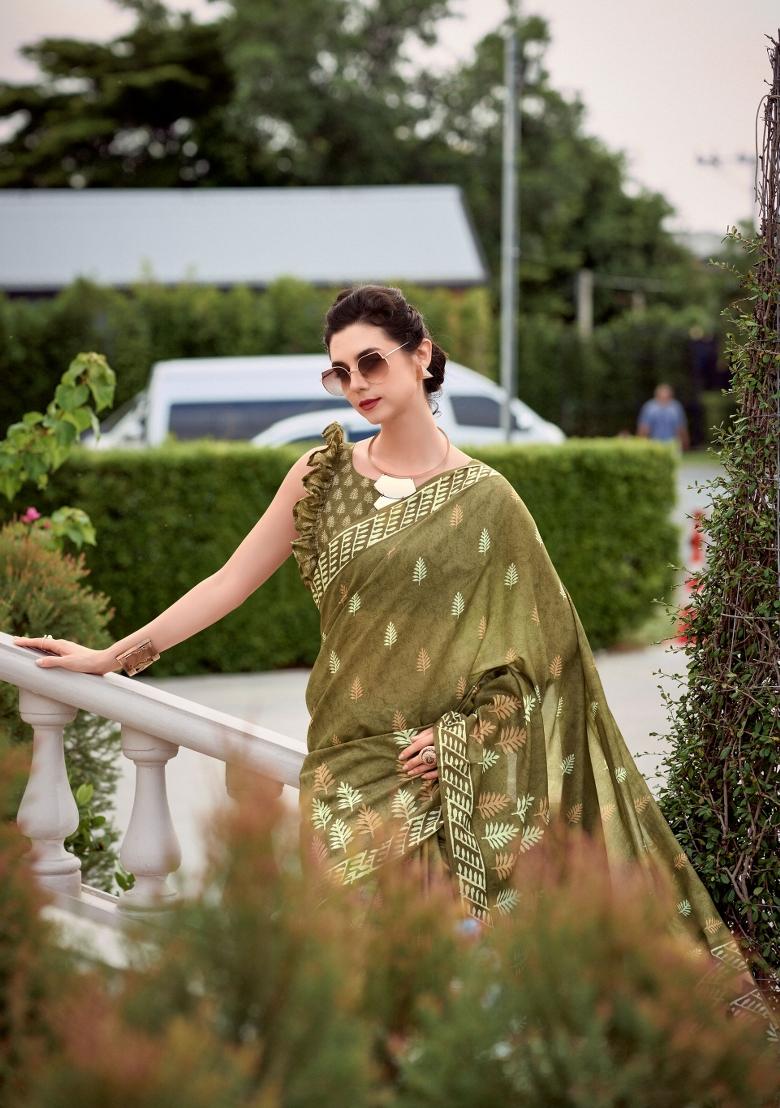 Green Printed Linen Saree Set - Indya