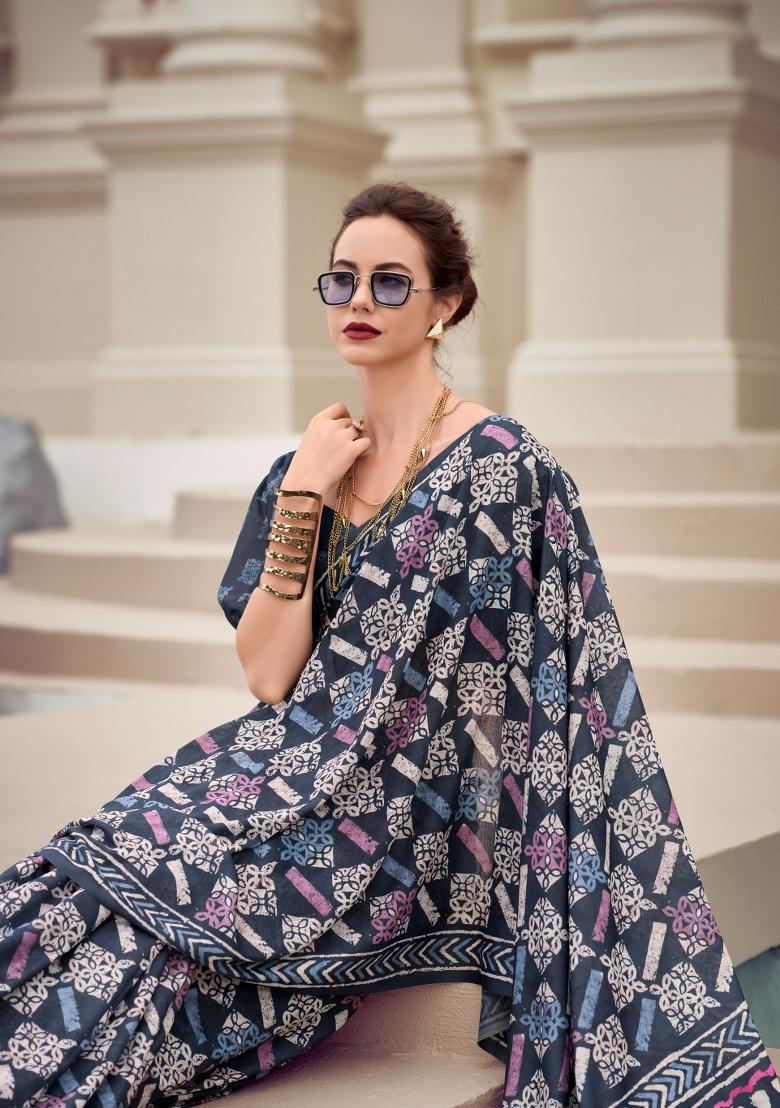 Navy Blue Printed Linen Saree Set - Indya