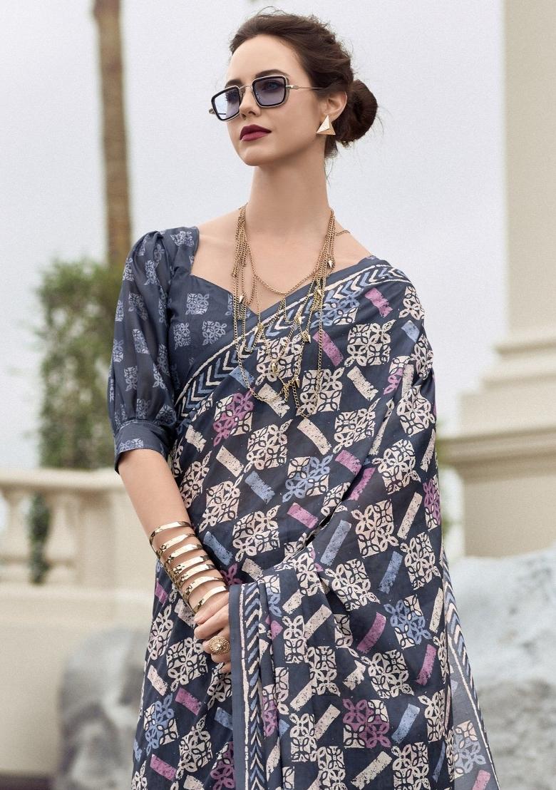 Navy Blue Printed Linen Saree Set - Indya