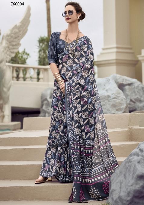 Navy Blue Printed Linen Saree Set