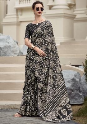Black Printed Linen Saree Set