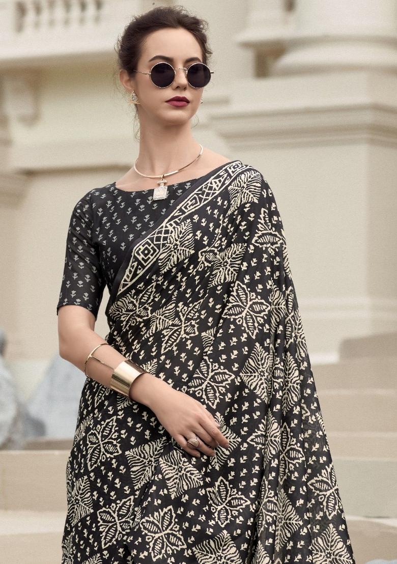Black Printed Linen Saree Set - Indya
