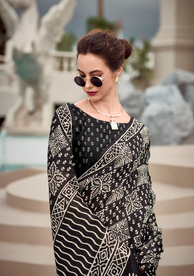 Black Printed Linen Saree Set - Indya