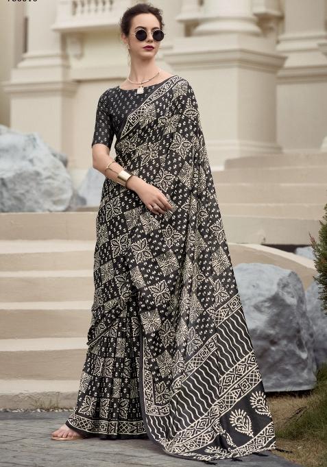 Black Printed Linen Saree Set