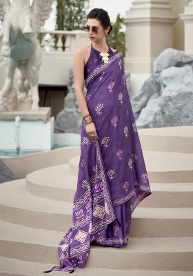 Purple Printed Linen Saree Set