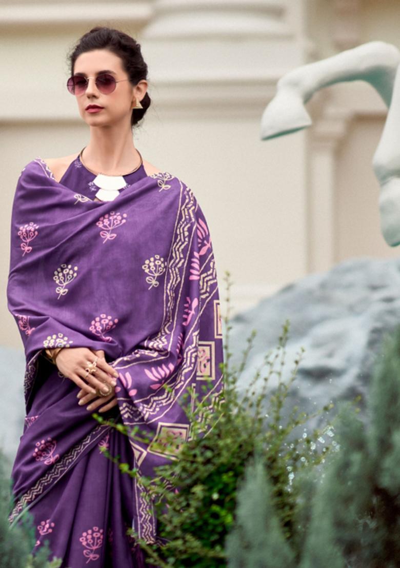 Purple Printed Linen Saree Set - Indya